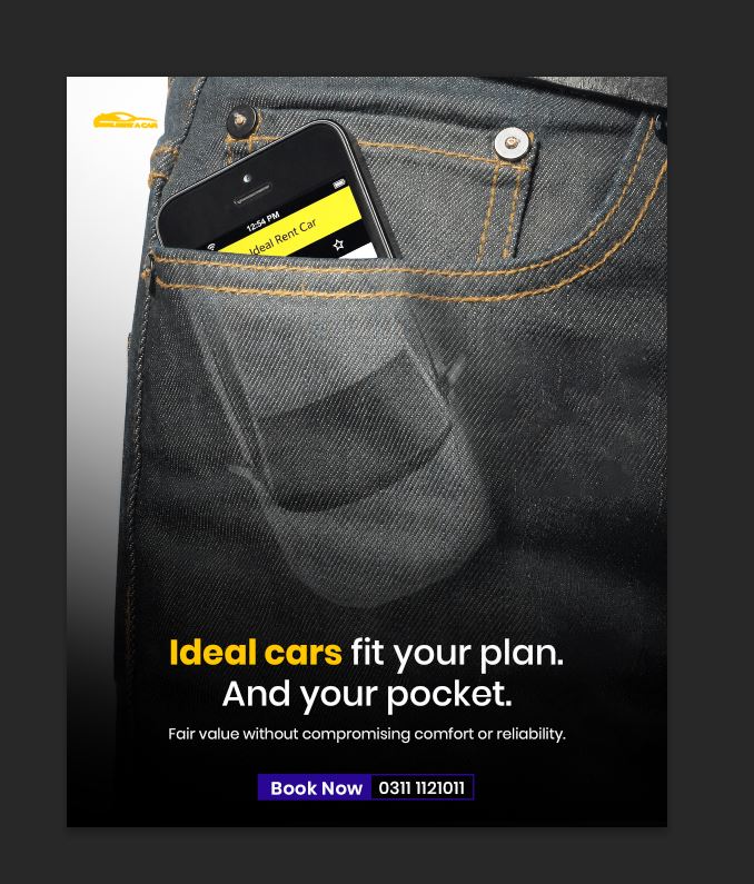 Smartphone in a pocket showing the Ideal Rent a Car booking screen
