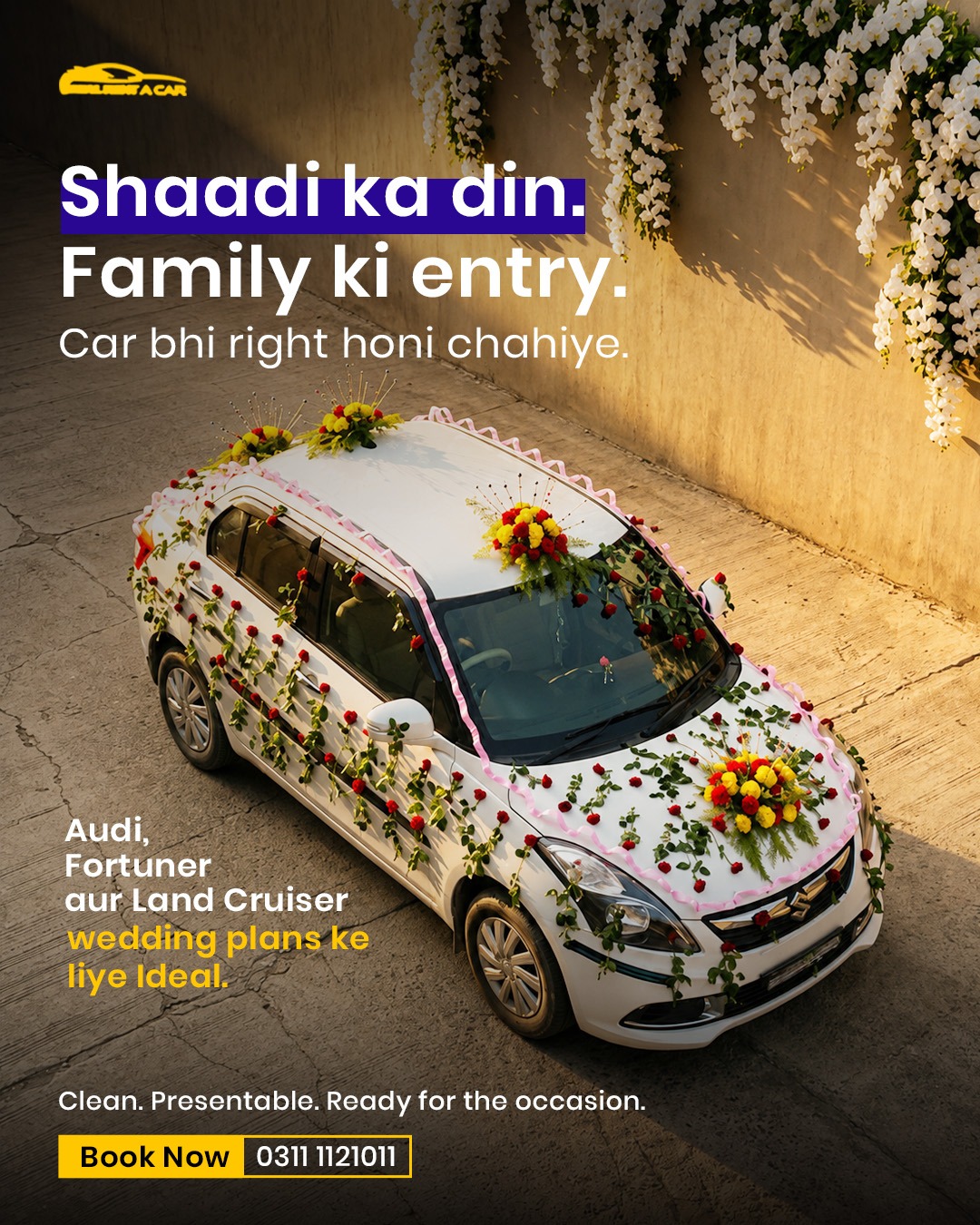 Wedding car decorated with fresh flowers
