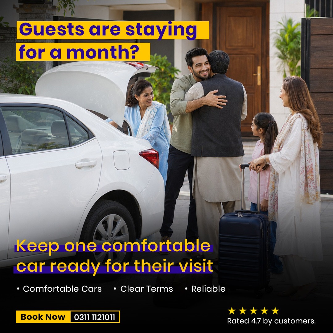 Family welcoming guests beside a white rental sedan