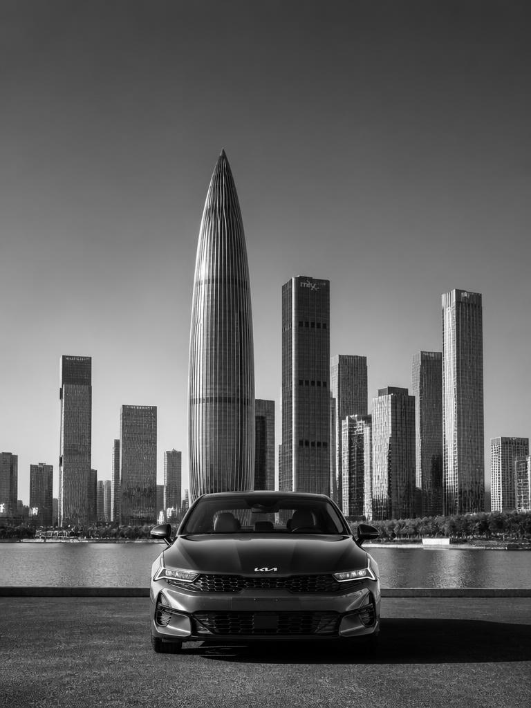 Rental car in front of the Karachi city skyline